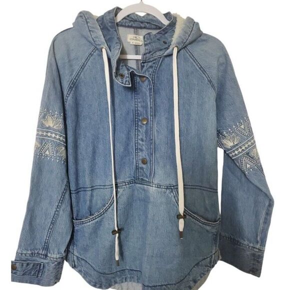 O'Neill Women's Boho Pullover Jacket Small Fleece Hood Lined Denim Embroidered - Picture 3 of 12